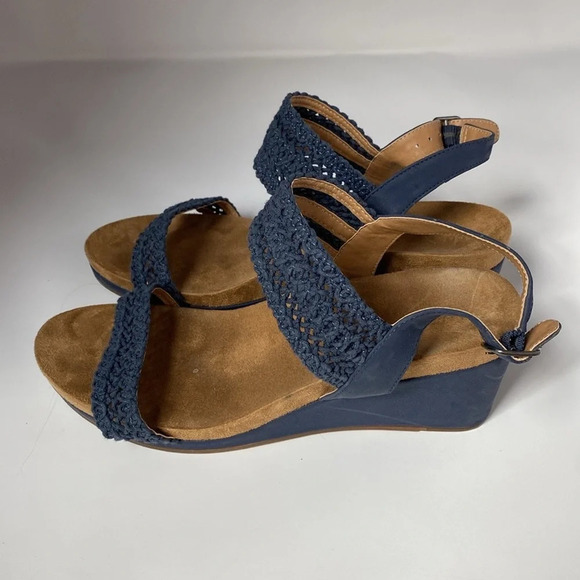 Lucky‎ Brand Crochet Wedge Sandals Navy Blue Leather Woven Crochet Size 8.5 - Picture 3 of 10